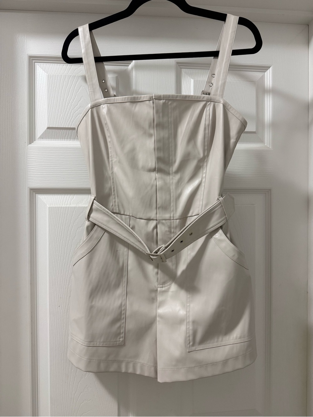 Faux Leather Cream Romper with Belted Waist